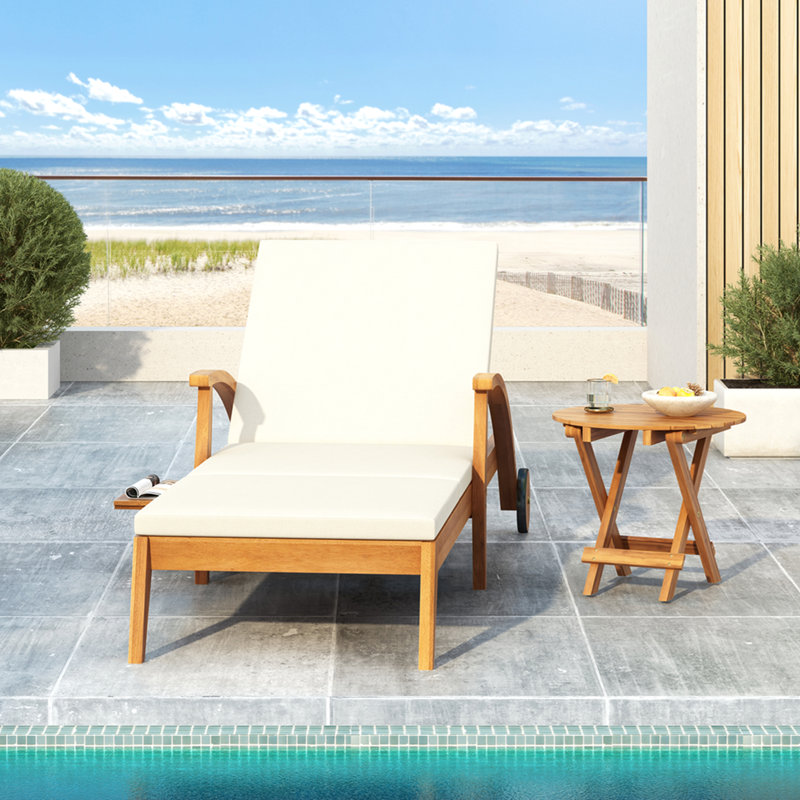 Outdoor Recliner Side Table Set - Comes With 2 Inch Cushion And Adjustable Backrest Chaise Lounge With Wheel & Foldable And Adjustable Acacia Wood Side Table For Poode Porch