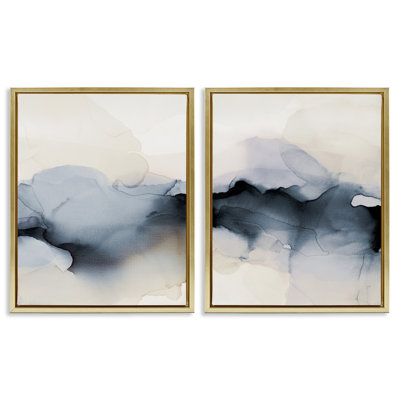 Mystérieux aquarelle abstraite obscure, ensemble de 2 toiles flottantes encadrées dorées par Kippi Leonard