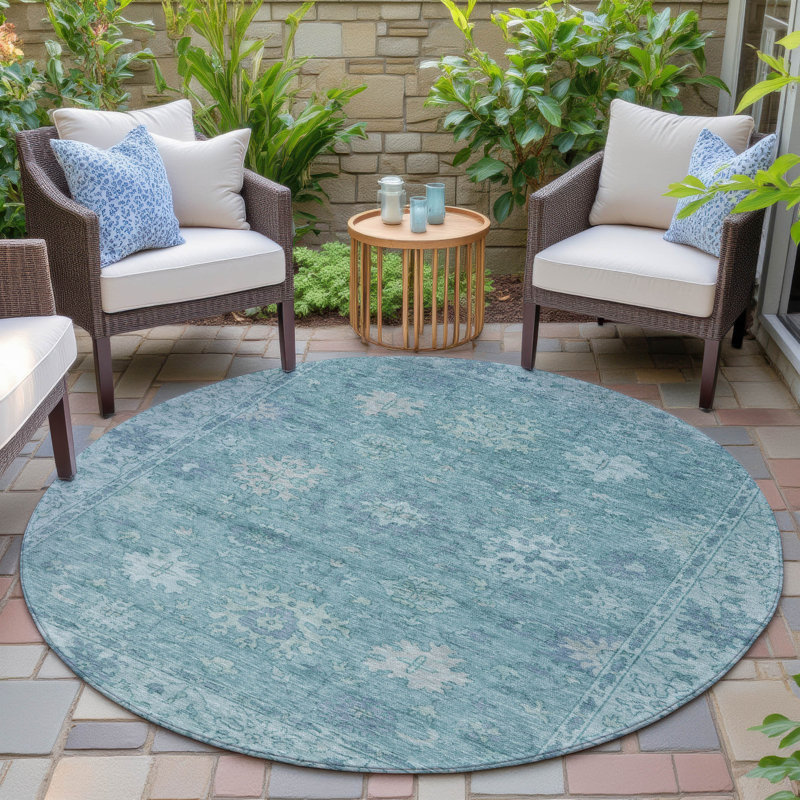Machine Washable Indoor/Outdoor Xhevrie Teal Rug, Round 8'
