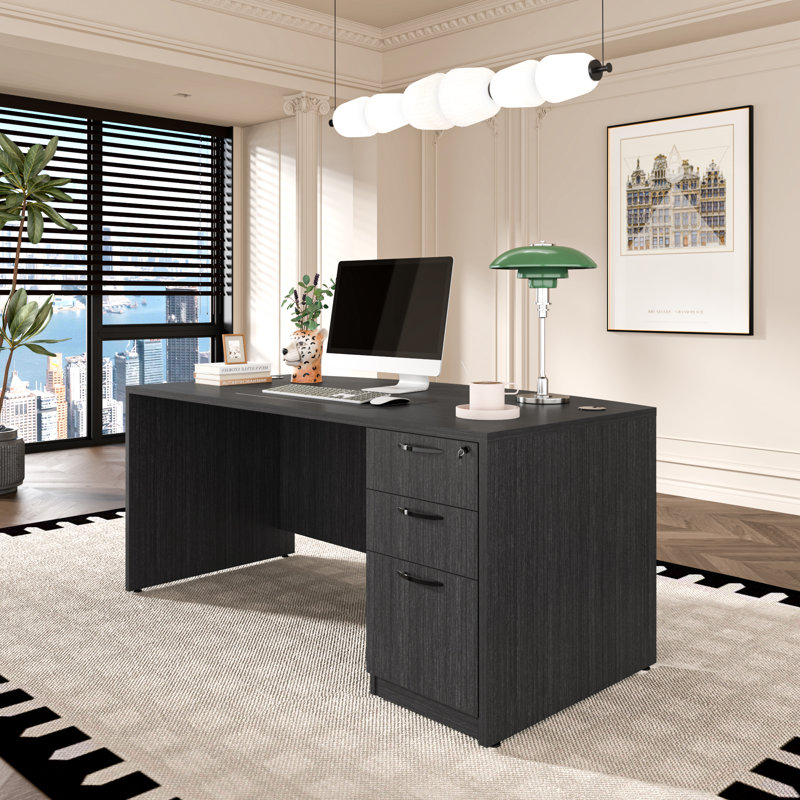 Executive Desk With Two File Cabinets, Gray