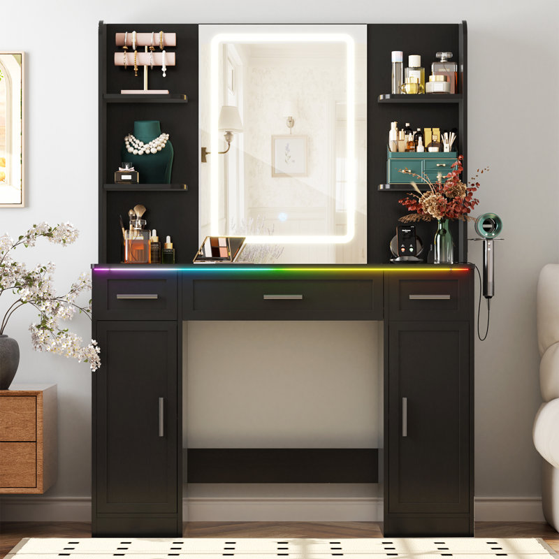 Vanity Desk with Drawers and Shelves, Makeup Vanity Desks with Power Strip, Mirror and Lights, Black