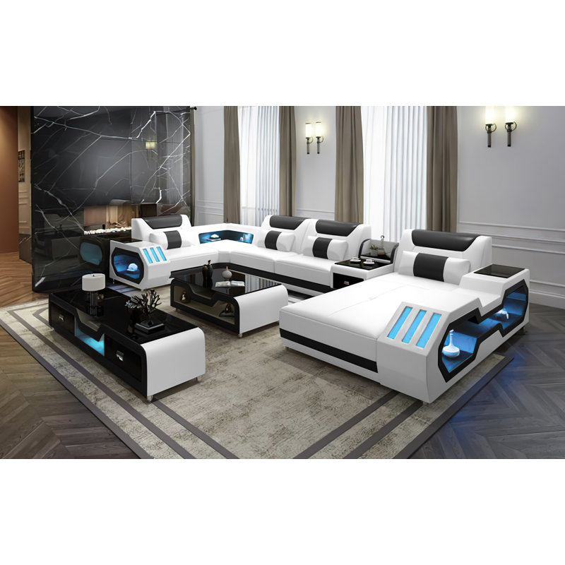 Maryela Upholstered U-Shaped Sectional, Right Hand Facing, White/Black