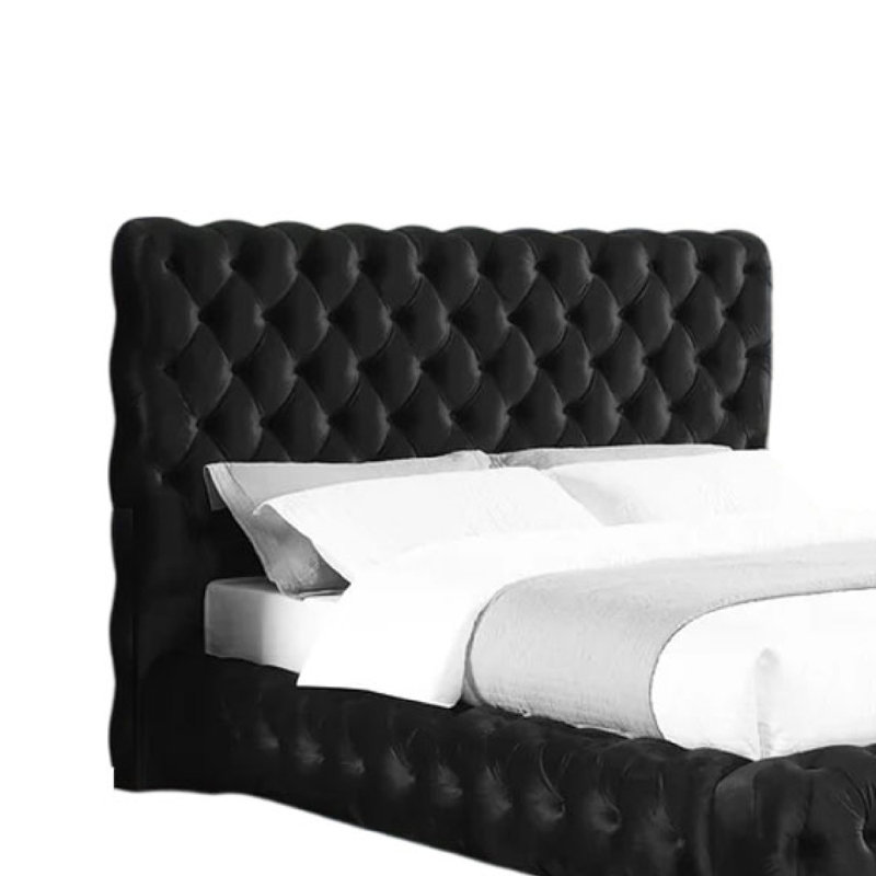 Goy Bed, Low Profile, Button Tufted,  Velvet Upholstery, Gray, King
