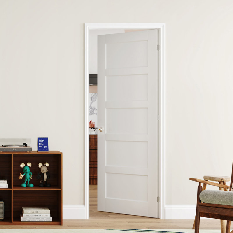 Porte intérieure française pré-montée double à 5 panneaux de style moderne, cadre ajustable, bois massif et bois manufacturé blanc avec cadre et poignée (ensemble de 2)