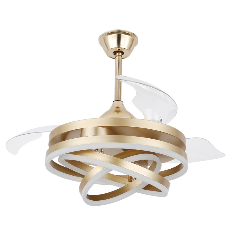 Gold Retractable LED Ceiling Fan Chandelier with Remote Control