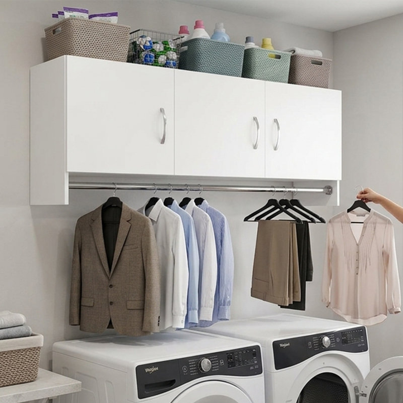 3-Door Wall Cabinet with Hanging Rod and Adjustable Shelf, White