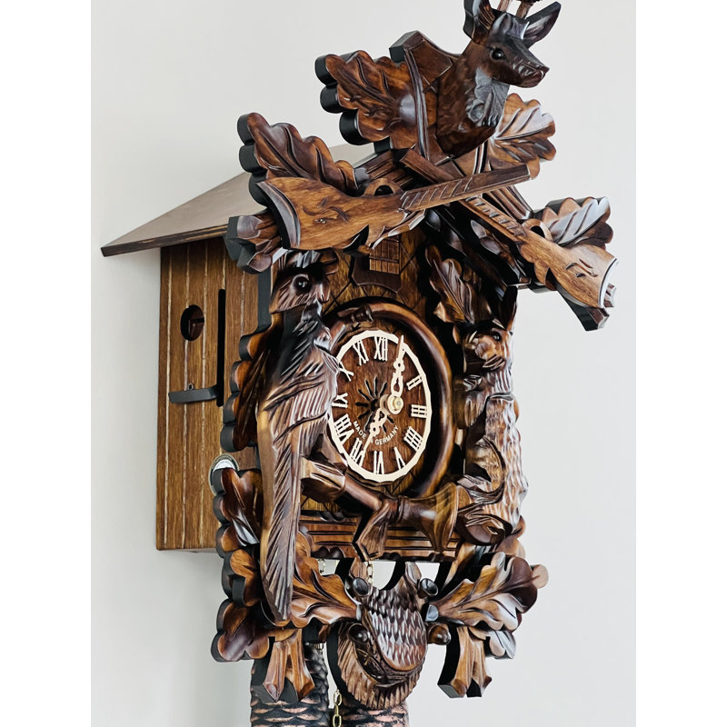  Horloge coucou Eight Day's Hunter - 20 po de hauteur - Feuilles de chêne et animaux sculptés à la main