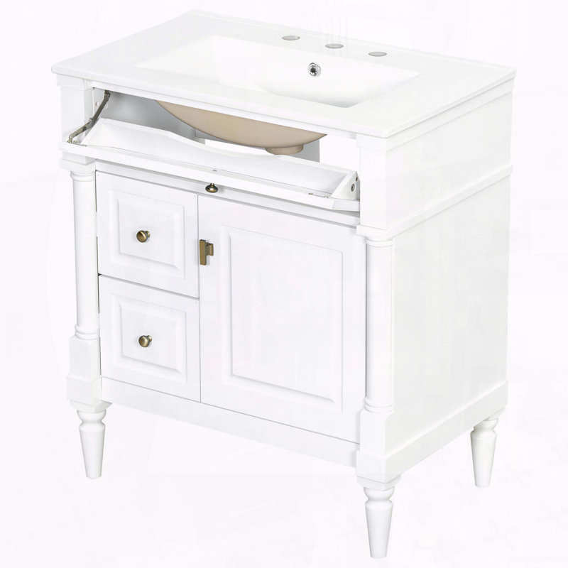 Meuble-lavabo moderne de 30 pouces avec lavabo en céramique et tiroir rabattable, White