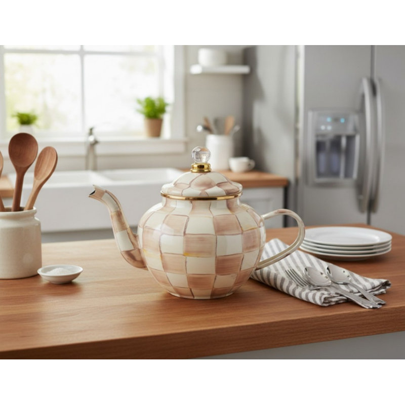Théière en émail - jolie petite théière à couvercle avec une capacité de 4 tasses, avec un motif à carreaux brun et blanc