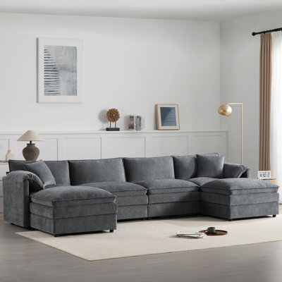 Canapé modulaire en chenille de 136 po avec siège large et large, ensemble de canapé en forme de U avec coussins doubles, canapé à 6 places avec repose-pieds mobile, mobilier d'intérieur surdimensionné