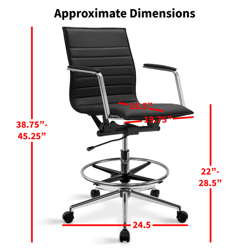 Set of 2 Modern Drafting Chair | Upholstered PU Leather Ribbed Mid Back with Tall Adjustable Base & Leg Rest Swivel, Home, Executive, Conference, Meetings, Armless, No Arms, With Arms