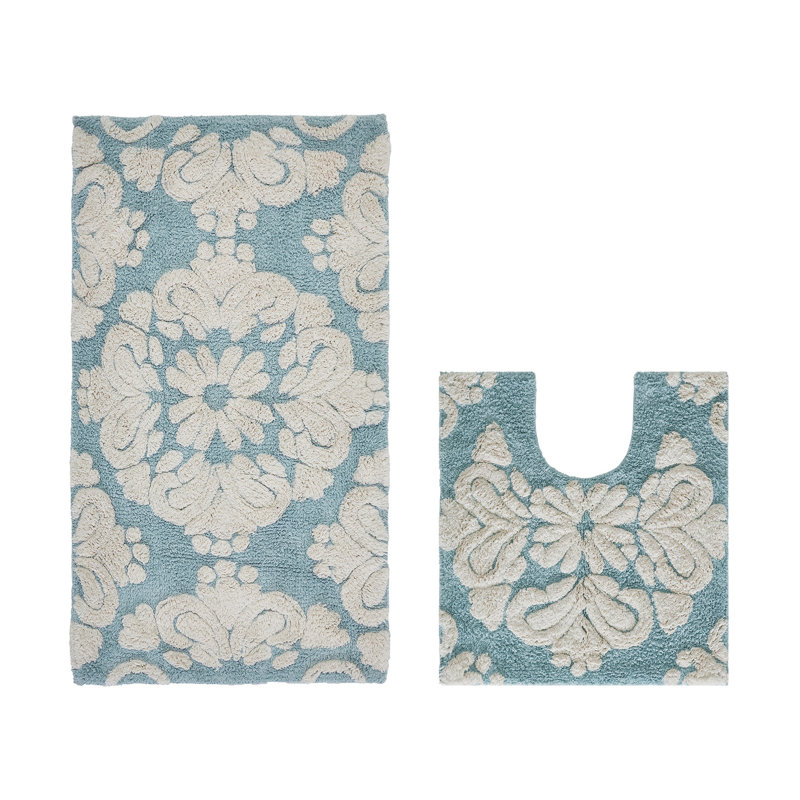 Danitra Premium 100% Cotton 1885 GSM 2-Piece Bath Rug Set, OEKO-TEX® Certified, Non-Slip Spray Latex Backing, Plush Tufted Bath Mat & Contour Rug for Toilet, Shower & Bathtub Areas, Super Absorbent, Machine Washable, Blue