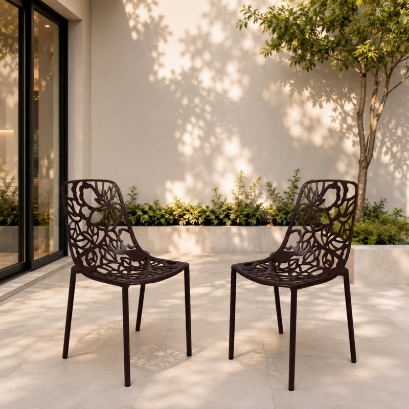 Chaises de salle à manger d'extérieur en aluminium Rabia, chaise d'appoint à découpes florales modernes pour patio, jardin et balcon, meubles de salle à manger empilables en métal, résistant à la rouille et aux rayons UV, entièrement assemblé