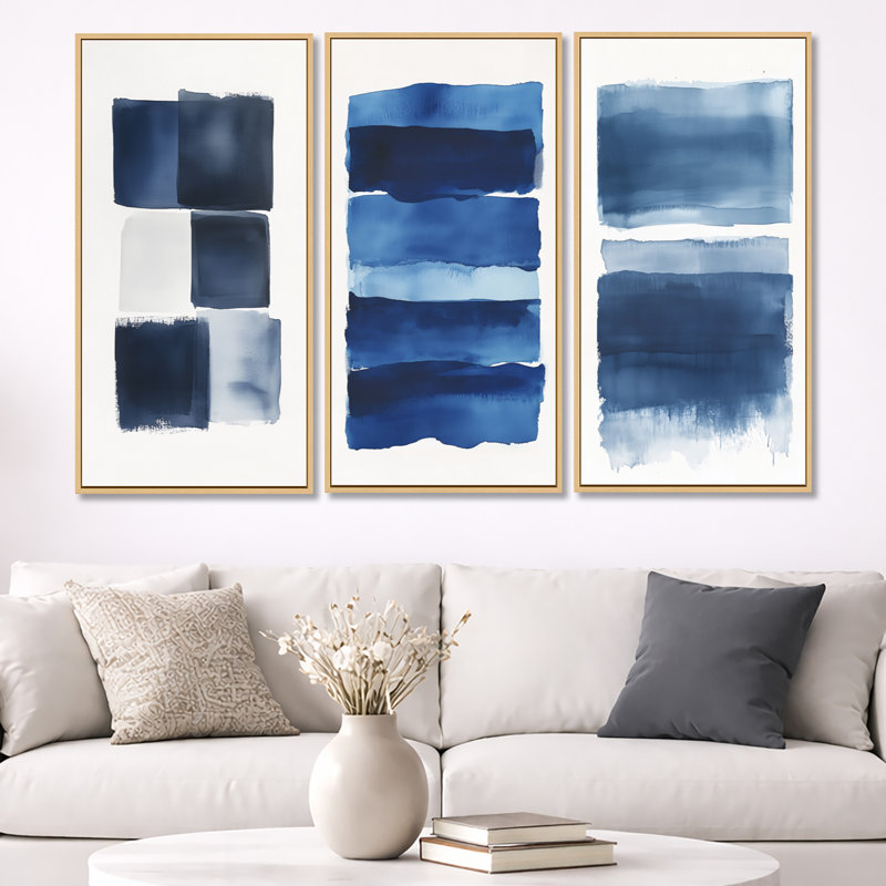 Indigo Horizon I - abstrait, reproduction sur toile 3 pièces, H 40 po x l 60 po, Cadre flottant en bois naturel