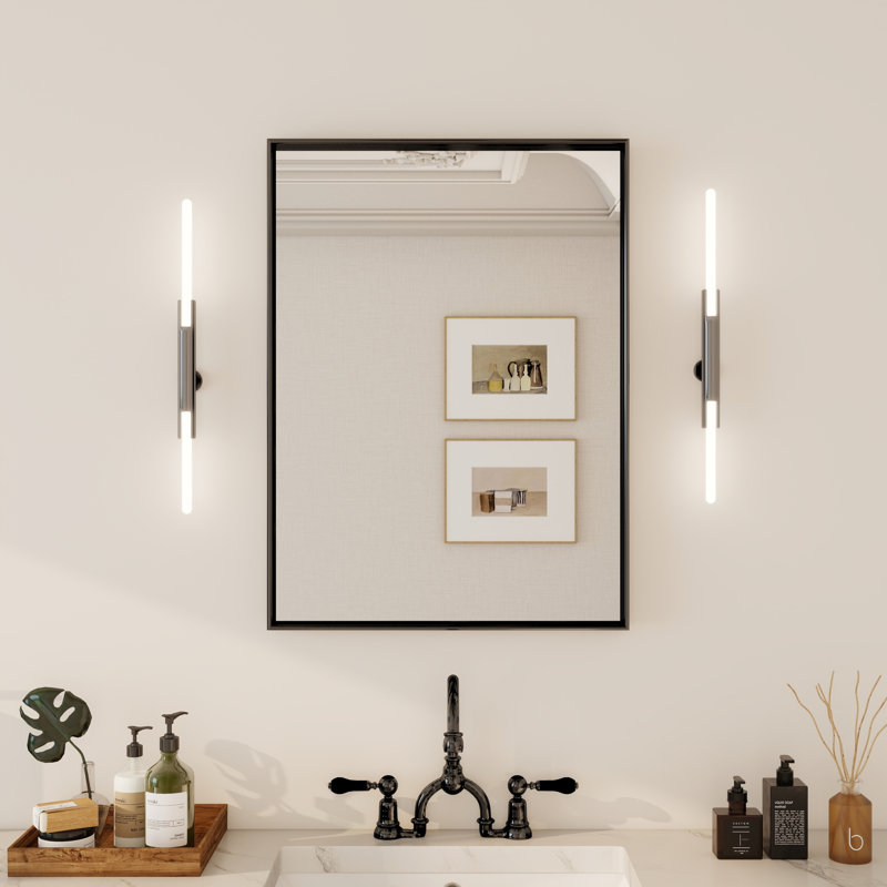 Miroir de salle de bain rectangulaire à angle droit mural en aluminium noir mat, 30 po x 22 po