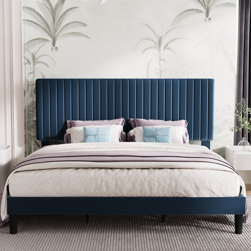 Dunphy Upholstered Platform Bed with Adjustable Headboard, King, Dark Blue