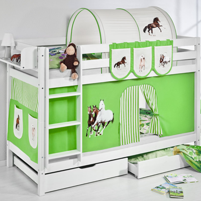 Horses Bunk Bed JELLE with Curtain and Slatted Frame, Green/Beige