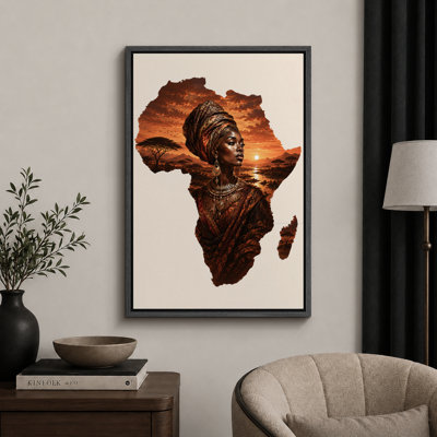 African Sunset Woman Portrait Artwork, Living Room Pictures, Framed Canvas Giclee Print Wall Art