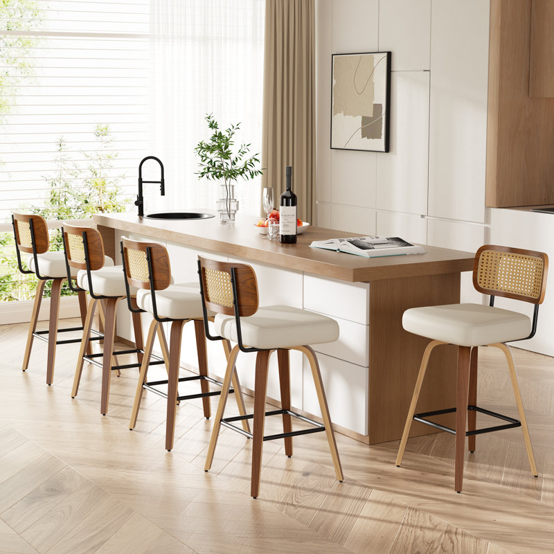 Élégant tabouret de comptoir pivotant avec dossier rembourré en rotin doux, Beige, 6