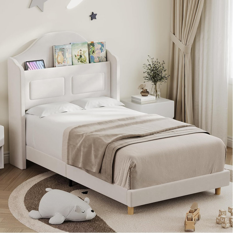 Upholstered Velvet Princess Twin Bed Frame with Wingback, Bookcase Headboard & LED Lights for Kids Boys Girls, Noise-Free, No Box Spring Needed, Easy Assembly, 2 PCS, Beige