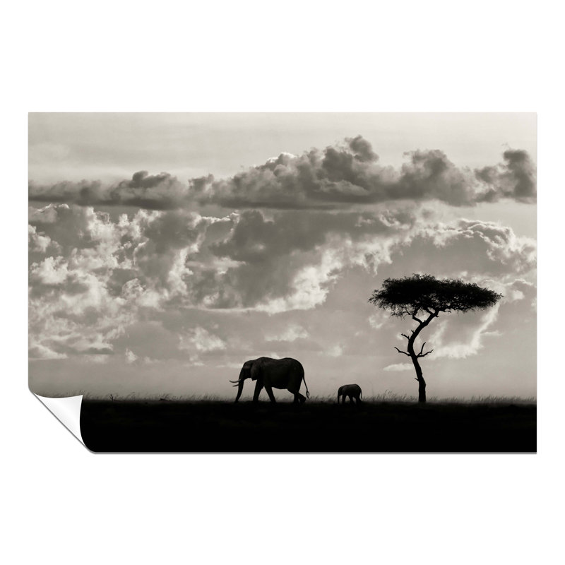 Mother And Baby Elephant Silhoutte Wildlife - No Frame Print, 20cm H x 31cm W