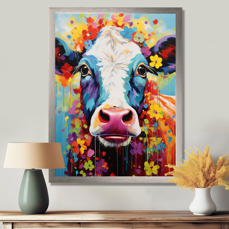 Vache fantaisie - art mural, H 32 po x l 24 po x P 1 po, Cadre flottant blanc