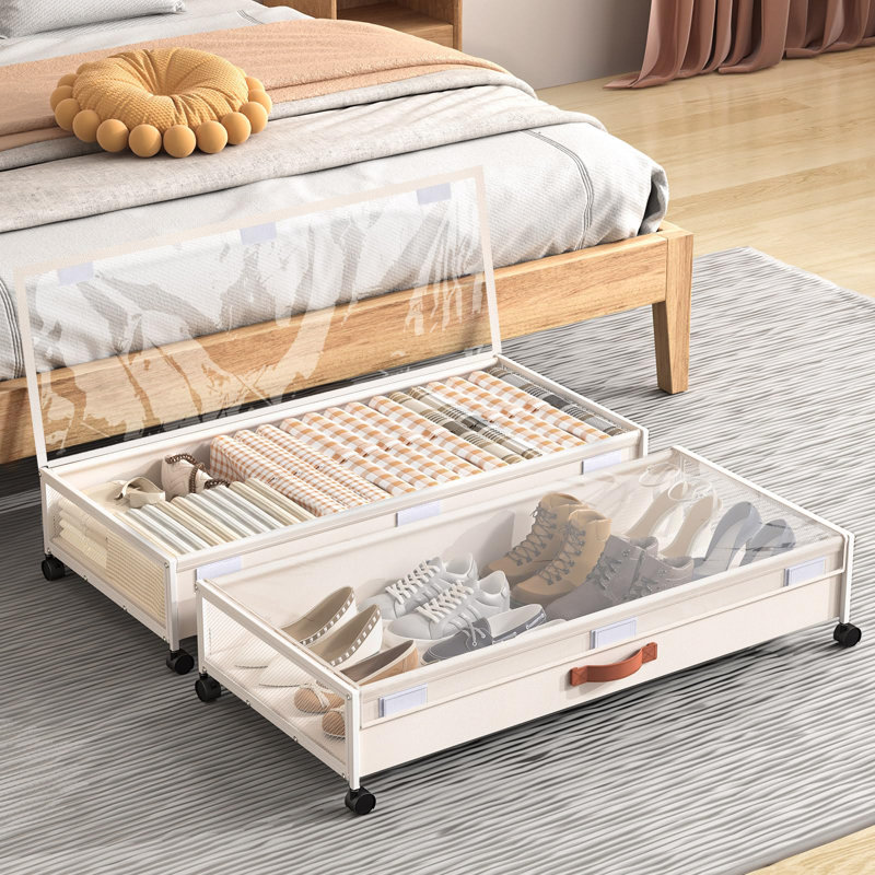 Rangement sous le lit avec roulettes, contenants de rangement sous le lit avec couvercles transparents, blanc, Blanc