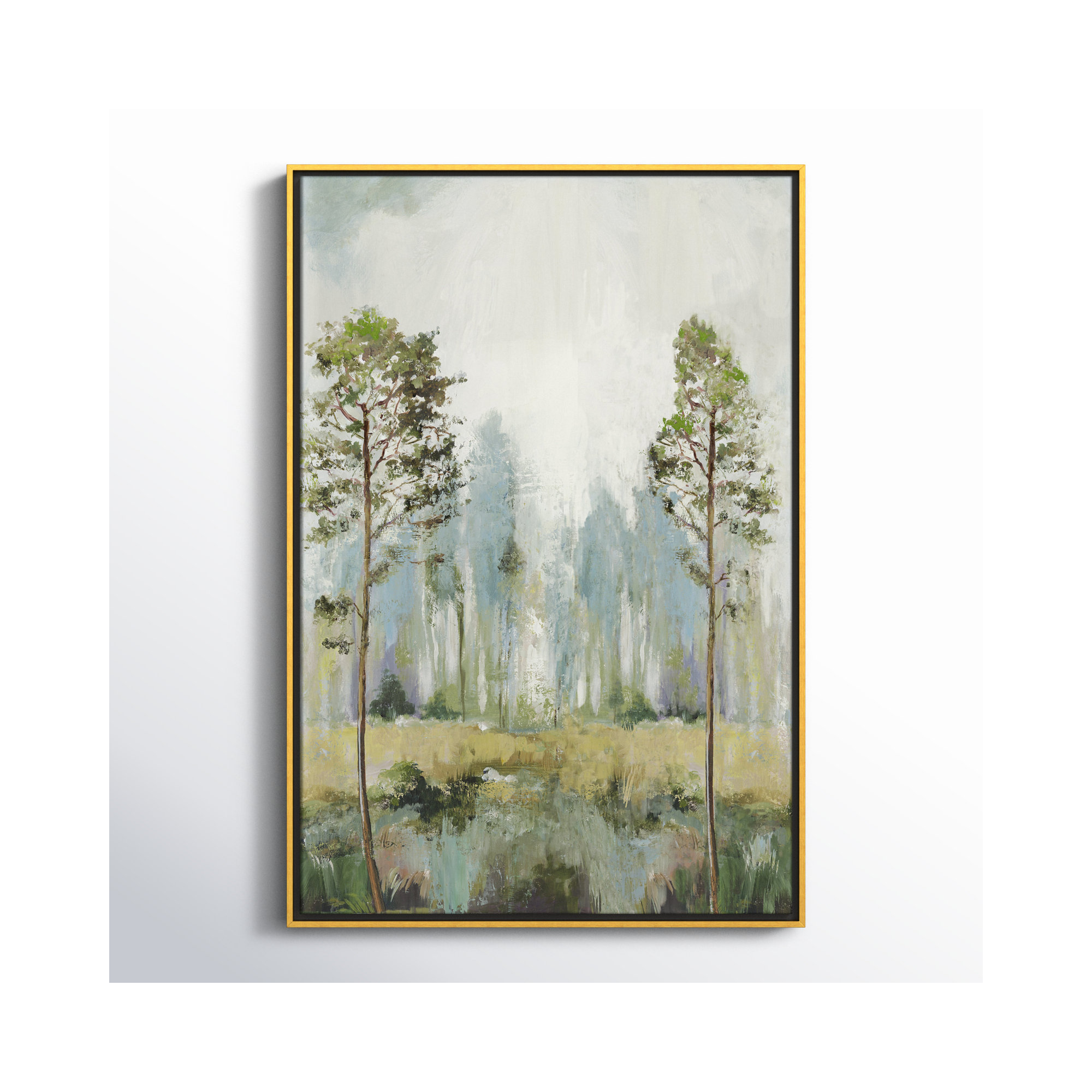 Tall Green Trees II by Teton Pearce - Floater Frame Print on Canvas, Gold, 37.5" H x 25.5" W