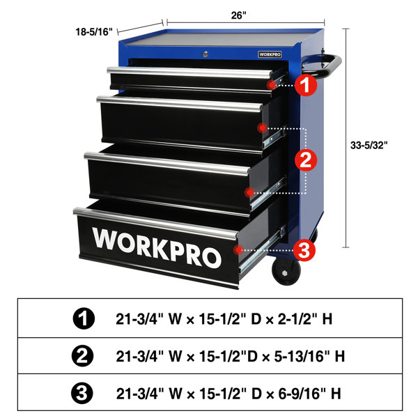 WorkPro 4-Drawer Tool Chest, 26-inch Rolling Metal Tool Storage Cabinet with Casters