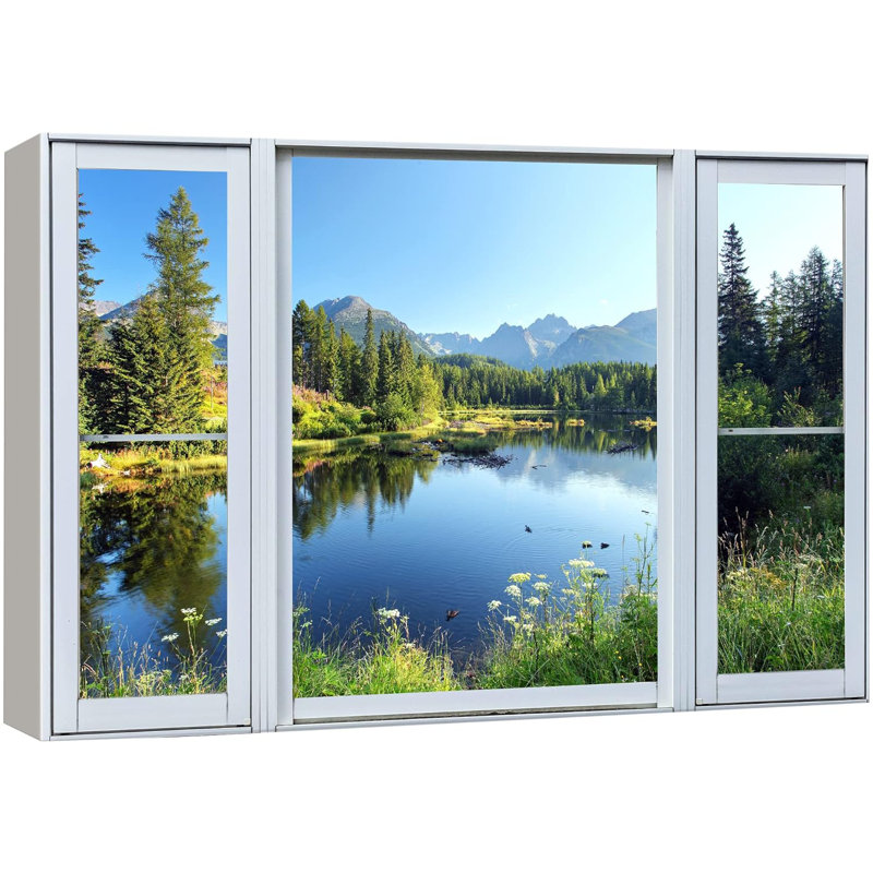 Fenêtre de paysage «Window View Spring Spring Blooming Flower Lake Forest Nature Scenic Landscape» sur toile