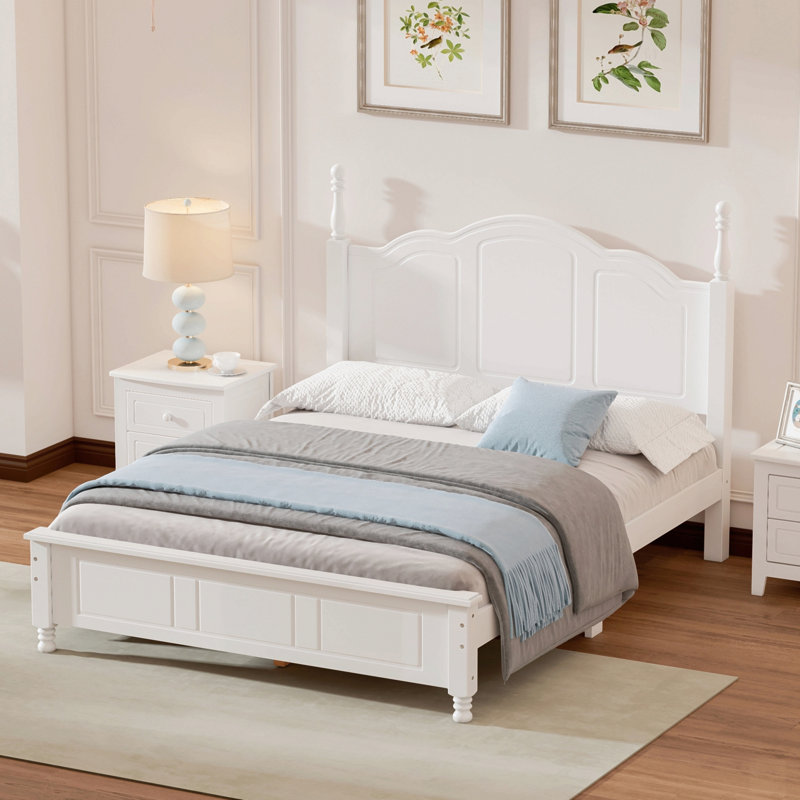 Structure de lit plateforme en bois, lit plateforme de style rétro avec support en lattes de bois, Blanc, Double