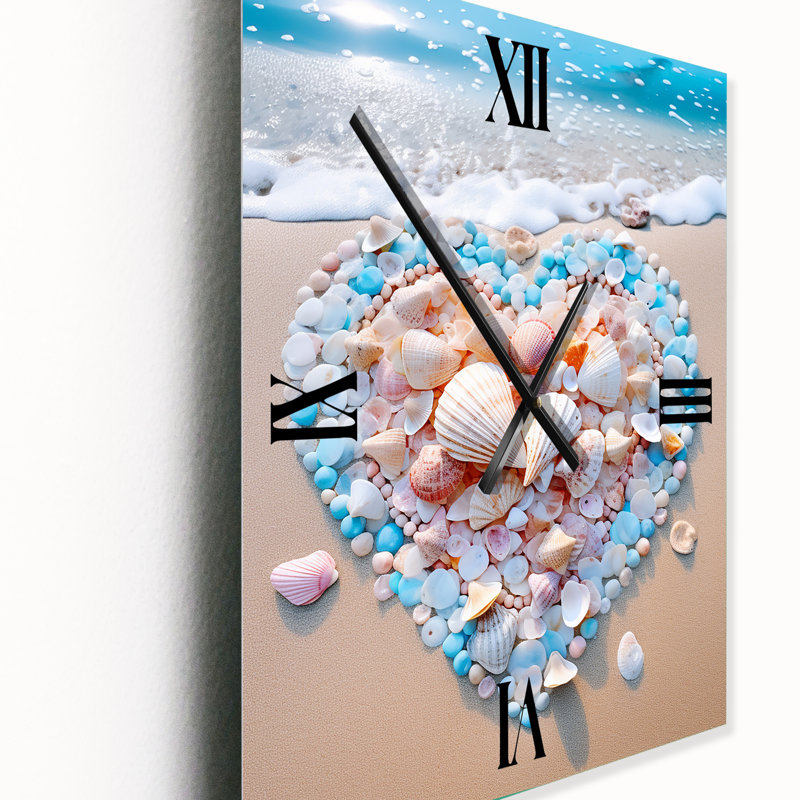 Cœur rose et turquoise sur la plage - Horloge murale de plage surdimensionnée, Grand