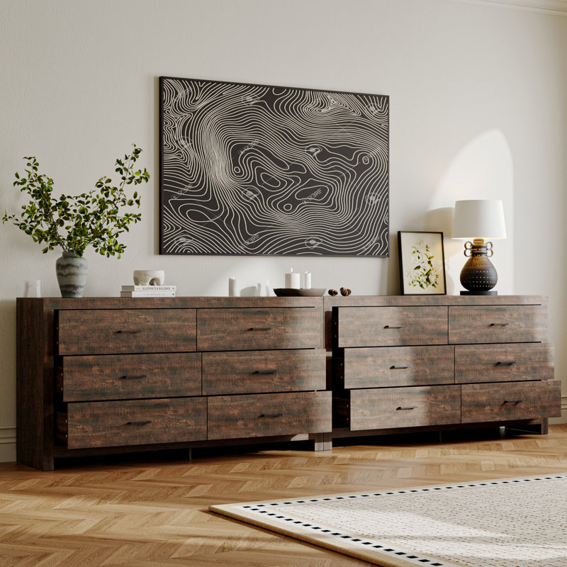 2-Piece 126" Wide TV Stand with 12 Storage Drawers, Media Console For 70/75/85/90/100+ Inch TVs, Brown Wood