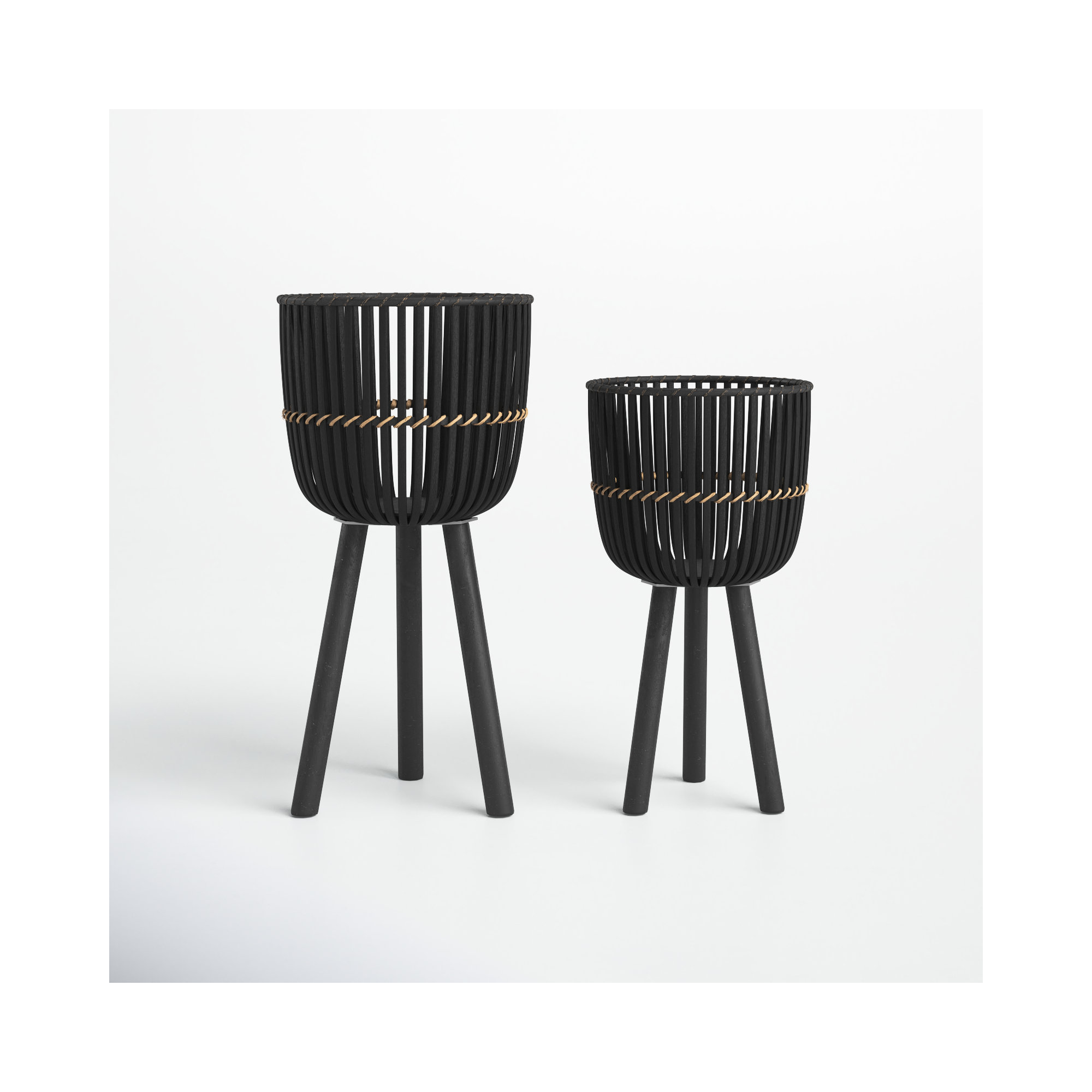 Wicker Modern Boho Bamboo Planter Set, 23" H x 13" W x 13" D, Black, Set of 2