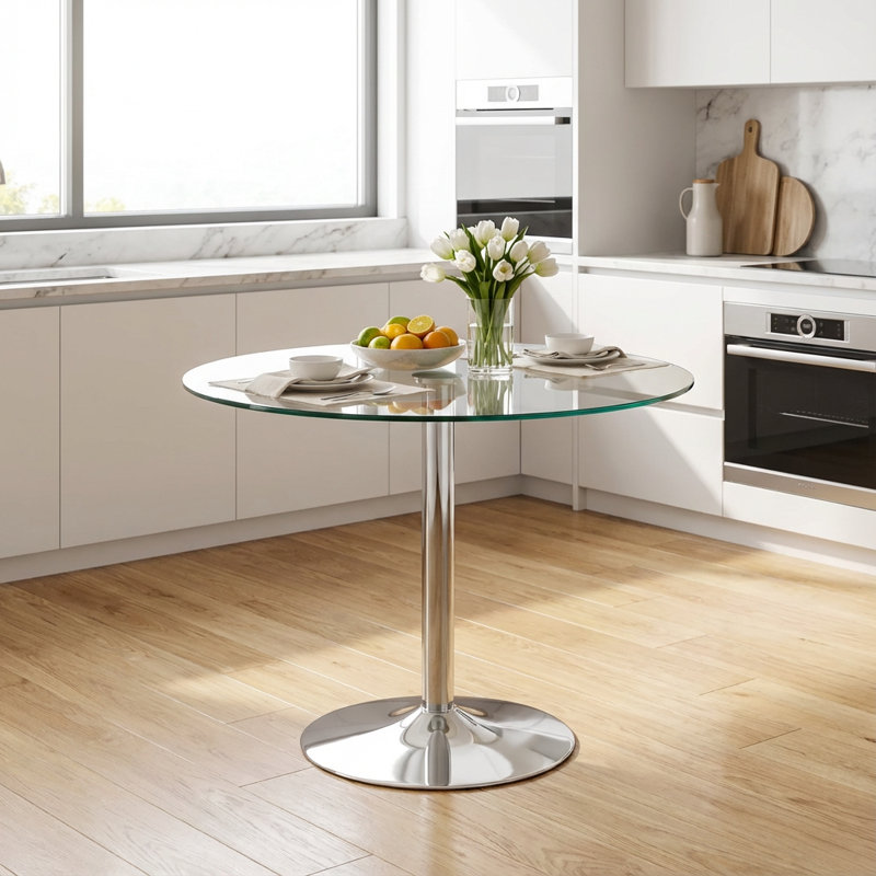 Table de salle à manger contemporaine en verre circulaire avec base en métal galvanisé