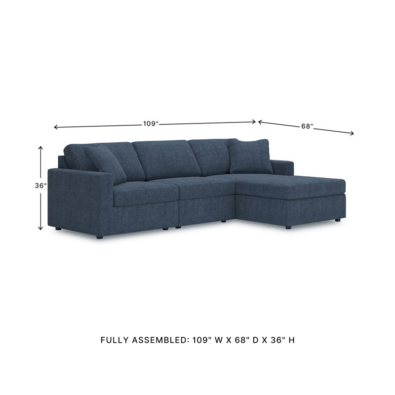 Chobanyan Sectional With Chaise, H 36 po x l 109 po x P 68 po, Face à la droite, Polyester bleu