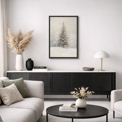 Œuvre de sapin enneigé enneigé, photos murales neutres de vacances rustiques modernes, impression sur toile encadrée