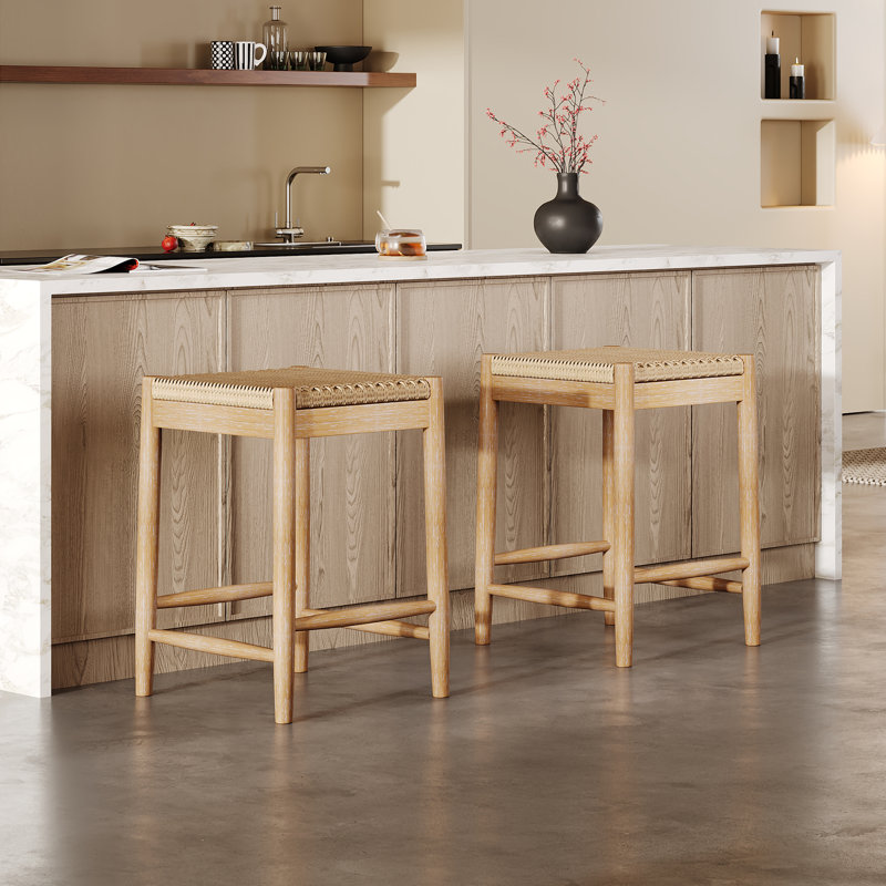 Sierra Rustic Solid Acacia Wood Counter Stools With Woven Rope Seat And Backless Design