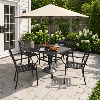 Ensemble de salle à manger d'extérieur 5 pièces avec 4 chaises en métal et une table carrée en métal à grain de bois de 37,8 pouces, antirouille et facile à assembler, parfait pour le jardin et le balcon