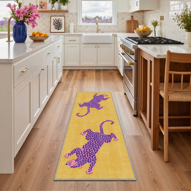 Safari Animal Print Machine Washable Purple / Yellow Indoor Area Rug with Non-Slip Backing, Runner 2' x 6'