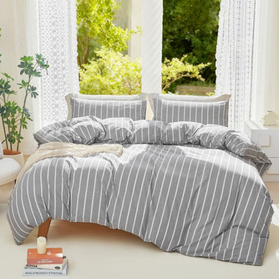 DONEUS 100% Washed Cotton Striped Duvet Cover Set Natural Linen Like Textured Bedding Set 3 Pieces with Zipper Closure