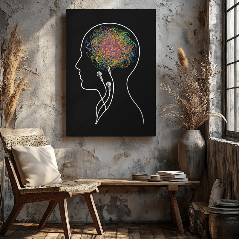 Canvas Create A Stylized Illustration Of A Human Profile Against A Wall Art Solid Black Background Showcasing A Head Filled With Canvas Wall Art