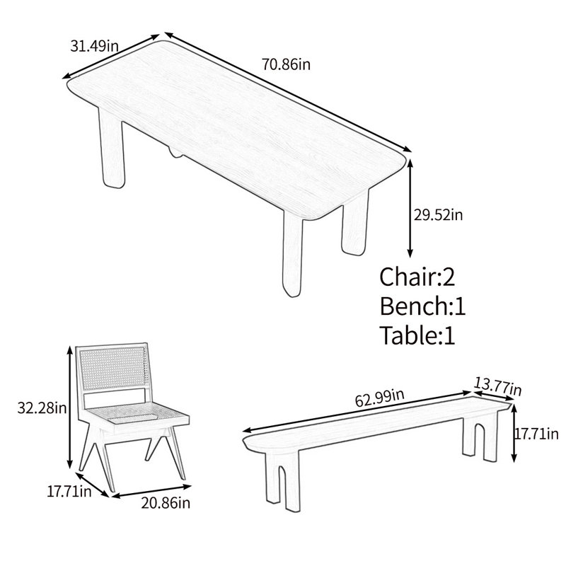 Elegant and practical solid wood table set, 29.52"H x 70.86"L x 31.49"W