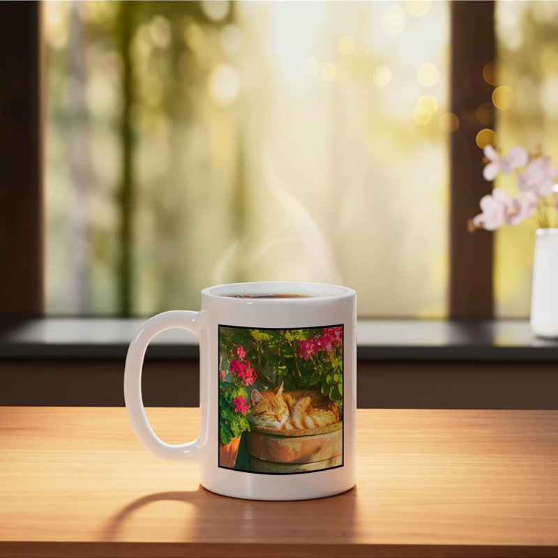 Sleeping Orange Cat In Flower Pot Garden Ceramic Mug, 11oz