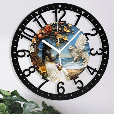 Horloge murale en métal pour le salon - Femme de 10 po rencontrant des oreilles de loup silencieuses, fonctionnant à piles, horloges antiques pour maison de campagne, chambre à coucher, cuisine - chiffres arabes