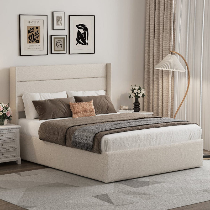 EASE Linen Pneumatic Lift Up Bed Frame Bed, Beige, Double (4'6)