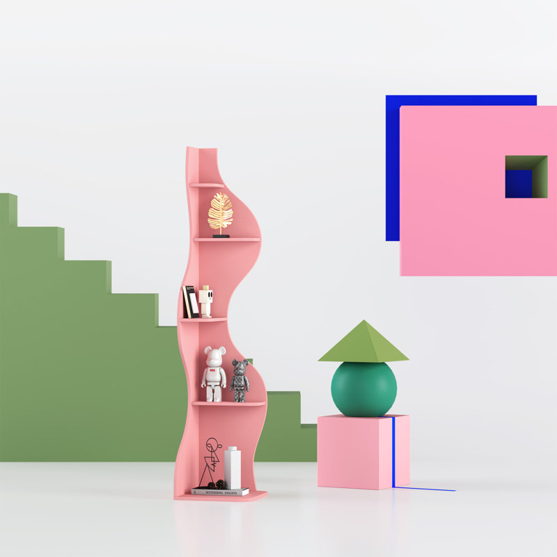 Bibliothèque d'angle, étagère murale moderne à 5 niveaux avec petit support de rangement ondulé pour petit espace, Rose