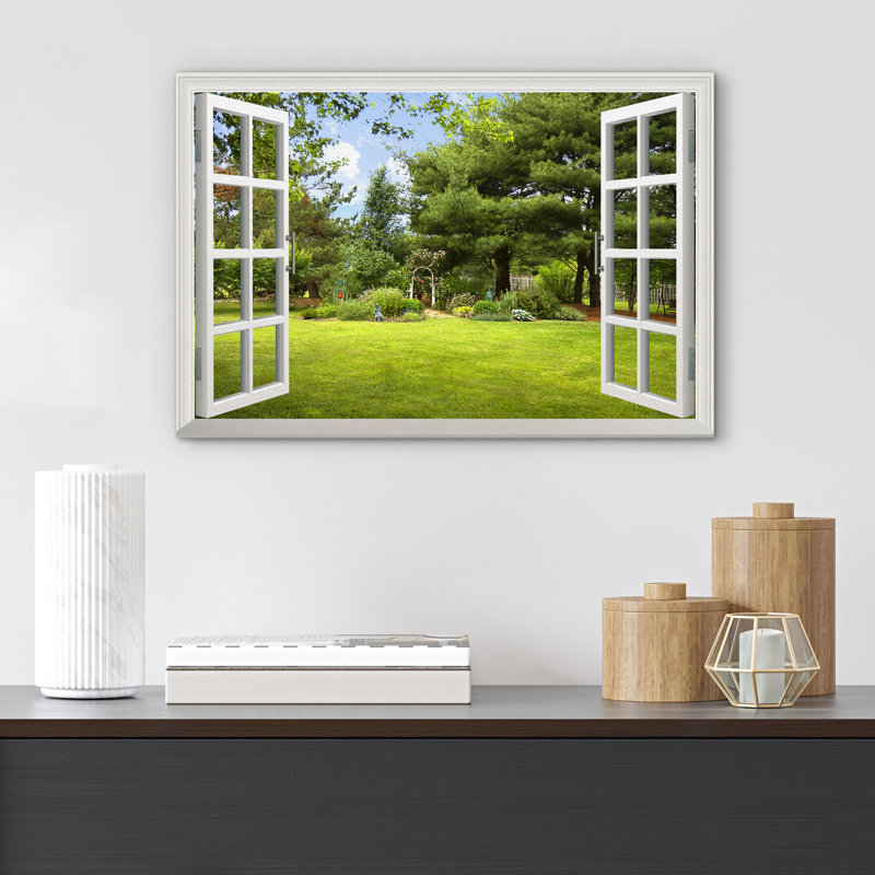 Fenêtre, paysage, magnifique jardin, cour avec des arbres verts au printemps, impression sur toile tendue