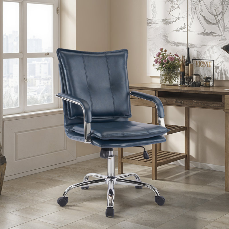 Chaise de travail en cuir Dareece avec accoudoirs rembourrés, Bleu très foncé