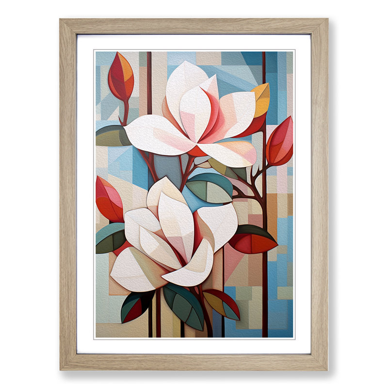 Magnolia Flower Cubism - Single Picture Frame Print on Wood, 64cm H x 46cm W x 2cm D, Oak Framed